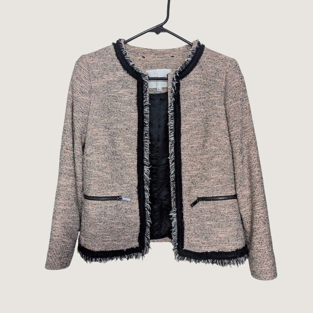 LK Bennett London Pink Black Tweed Fringe Trim Open Front Jacket Size 2